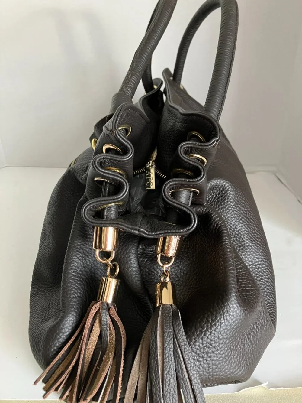APC XL Brown Pebble Grain Leather Hobo Bag Zippers Pockets